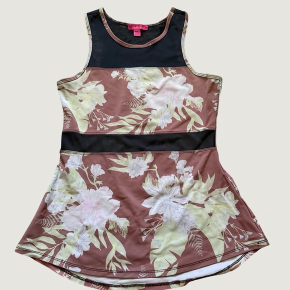 Material Girl Active Tops - Womens Mauve Floral Mesh Panel Workout Tank Top Medium Gym